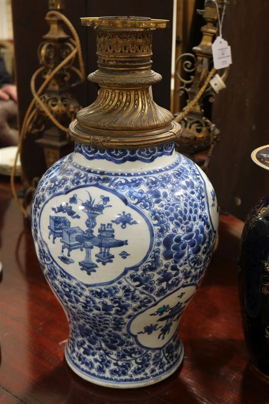 A Chinese blue and white antiques and lotus vase, Qing dynasty, Kangxi period, height 13.75in.